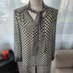Pleione Nordstrom Black White Houndstooth Blouse Womens XS B4 - Picture 1 of 5
