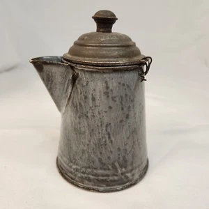 Vintage Enamel Coffee Pot with Lid, Missing Handle 5" Tall Rustic Decor - Picture 1 of 13
