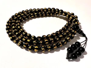 Genuine Hand Made Black Agate Om Mani Peme Mantra Carved Tibetan Mala Buddha a11 - Bild 1 von 6