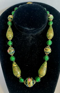 Deco VTG Italian Venetian Murano Green Wedding Cake Glass Bead 18.5" Necklace - Picture 1 of 8
