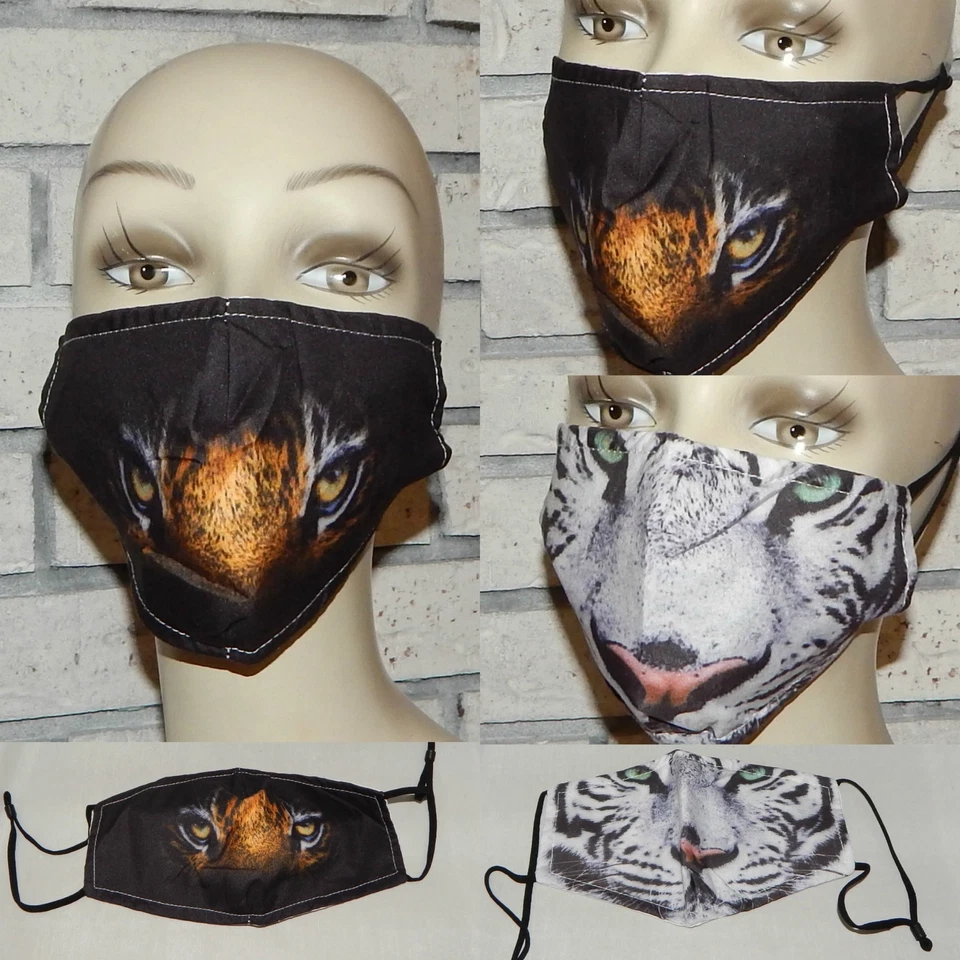 LOT OF 3 TIGER ASST BLACK & WHITE COTTON WASHABLE ADJUSTABLE FACE MASK INDIANA - Image 1 of 1