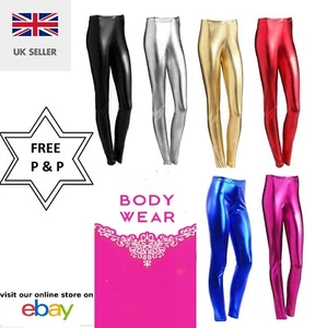 WOMENS WET LOOK METALLIC LEGGINGS LADIES FOIL SHINY PLUS SIZE GIRLS - Picture 1 of 28