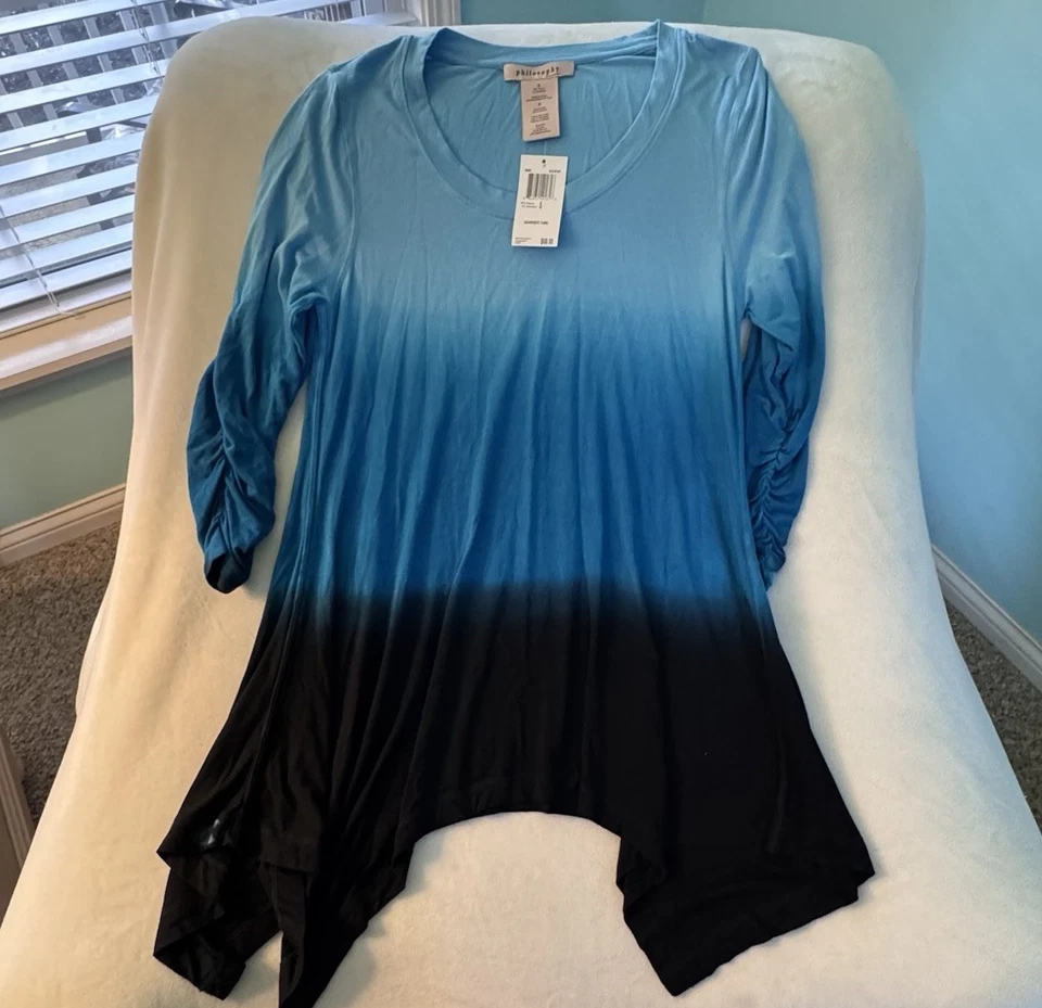 ’s Philosophy Knit Tunic Top Long Ruched Sleeves Shark Bite Size XXL