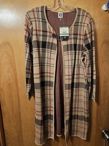 NWT Anne Klein Plaid Open Front Cardigan Sweater Tunic Black Red Beige Camel L - Picture 1 of 5