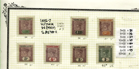 🔴🔴SIERRA LEONE Sc#34  43MLH, OG,VF 1896-97 VICTORIA WMK 2  Sc$53 Cover
