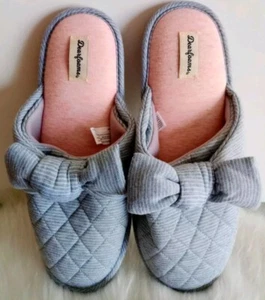 Dearfoams Bow Quilted Gray/White Striped House Slippers Sz 11/12 GUC - Picture 1 of 7