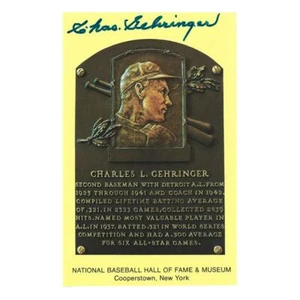 Charlie Gehringer Signed HOF Plaque Postcard JSA COA Detroit Tigers Autograph - Foto 1 di 3