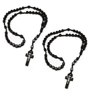 Wooden Beads Rosary Necklace Handmade Cross Crucifix Catholic Prayer Jesus Black - Picture 1 of 7