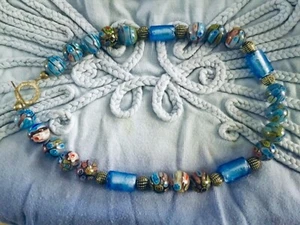 Vtg Venetian Millefiori Foiled Blue Glass Rondelle Beads Necklace - Picture 1 of 3