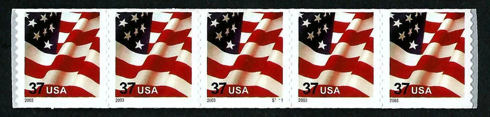 USA, SCOTT # 3632A, OFF-CENTER COIL STRIP OF 5 STAMPS WITH PNC #S1111, 2003 FLAG - Image 1 of 1