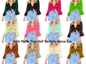 Satin Ruffle Top Silk Western V neck Ruffle Tops Self Tie Outfit Party wear S119 - Picture 1 of 46
