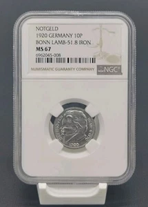 1920 GERMANY 10 PFENNIG NOTGELD IRON BONN LAMB 51.8 NGC MS67 - Picture 1 of 2
