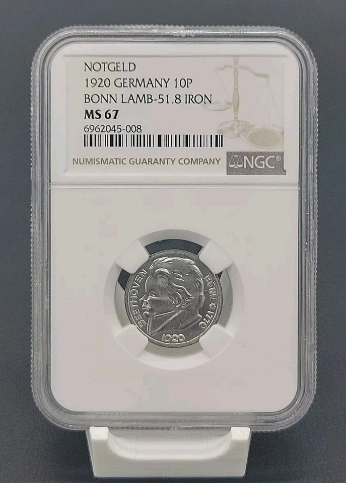 1920 GERMANY 10 PFENNIG NOTGELD IRON BONN LAMB 51.8 NGC MS67 - Image 1 of 2