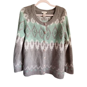 Sundance Sweater Gray Green Large Petites LP Fair Isle Cardigan Mohair Blend - Picture 1 of 8