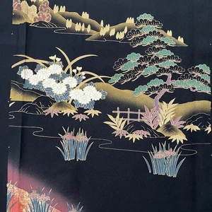 Spettacolare #A 14,5x62 LUNGO dipinto a mano Tomesode tessuto kimono seta nero ToF52 - Foto 1 di 7