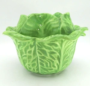 Vintage Green Cabbage Leaf Ceramic Covered Bowl Signed Approx. 7"L X 4”T - Picture 1 of 10