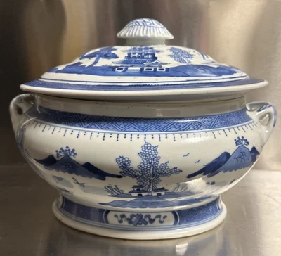 Patrón Shanshui azul y blanco dinastía Qing china 10 pulgadas Foto 1 de 4