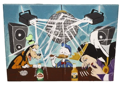 Original Hand-Painted Pop Art Canvas – Cartoon Characters Nightlife Scene 16x20 - Image 1 of 3