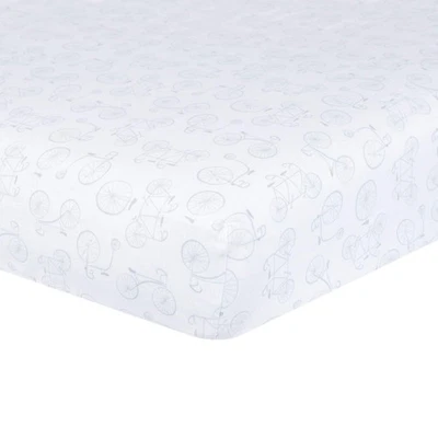 Newborn Baby Nursery 100% Cotton Fitted Crib Sheet, White/Grey Bicycle - Image 1 of 4