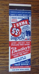 BENTLEY'S DEPARTMENT STORE MATCHBOOK COVER: COLUMBUS, OHIO 1942 MATCHCOVER -A23 - Picture 1 of 3