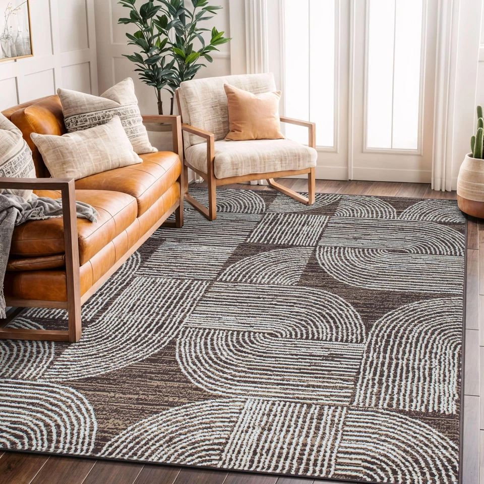 Alfombra de alto tráfico arco geométrico 5' x 7' marrón Foto 1 de 4