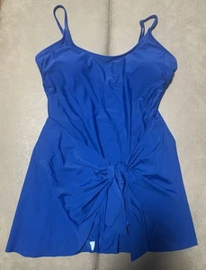 Cupshe Women Blue Retro Scoop Neck Swim Skirt Tie Front One Piece Swimsuit NEW L - Picture 1 of 10