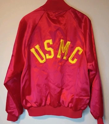 复古美国海军陆战队沙发夹克男式 XL 46 红色缎面轰炸机衬里美国海军陆战队制造 — 第 1/4 张图片