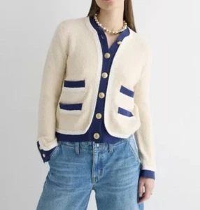 J.Crew Cardigan XS Cream Navy Knit Textured Boucle Lady Jacket - Picture 1 of 9