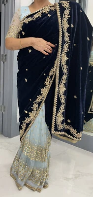 Red de terciopelo azul y latón bordada sari de fiesta, sari, sari de Bollywood Foto 1 de 4