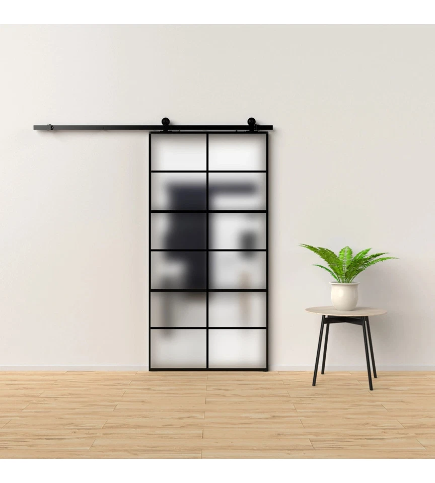 PORTA SCORREVOLE IN ALLUMINIO NERO E 12 SEZIONI IN VETRO SATINATO 96X220 CM - Immagine 1 di 1