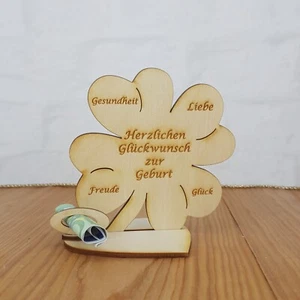 Geschenk  zur Geburt mit Wunschname Kleeblatt 11cm aus Holz Geldgeschenk - Bild 1 von 6
