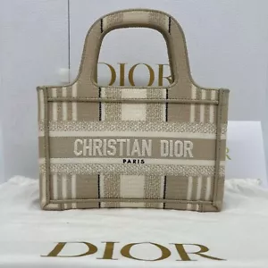 Dior Mini Book Tote Bag in Beige Striped Embroidery - Picture 1 of 24