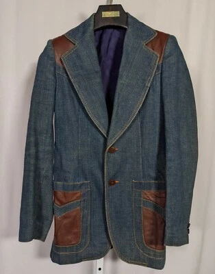 Chaqueta Blazer Vintage Años 70 Indigo Denim Cuero Artesanal Mod Western Uruguay 36 Foto 1 de 4