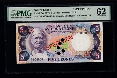 1975 5 Leones Sierra Leone Bank SPECIMEN Pick #7as PMG 62 CU (000) - Image 1 of 2