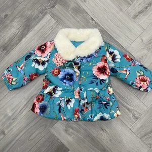 next baby 3-6 Quilted Winter Snow Coat Floral Classic Faux Fur Collar Teal Girl - Picture 1 of 9