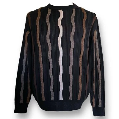 Vintage 90s Montechiaro Mens Sweater Sz Large Black Tan Brown Wool 3D Knit Italy - Image 1 of 4