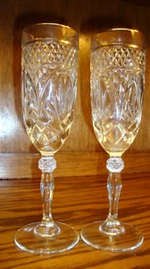 Set 2) Vtg Crystal Cut Stemware Glasses~Barware~Elegant~Champagne~Gold Rim 698 - Picture 1 of 6