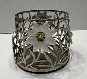 Bath And Body Works 3-Wick Candle Holder Silver With White & Gold Flowers - Picture 1 of 11