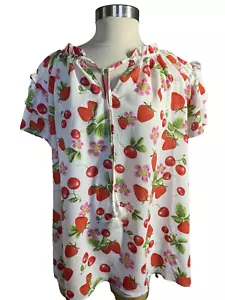 Rose + Olive Blouse Pullover Cherry Strawberry Print Women 2X BOHO Tunic NEW - Picture 1 of 18