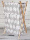 LAUNDRY BASKET WITH NATURAL WOODEN FRAME STORAGE REMOVABLE LINEN Elephants Grey