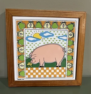 HiMark Happy Pig Wood Framed Wall Tile Art Trivet Apple Decor Farmhouse Kitchen - Picture 1 of 9