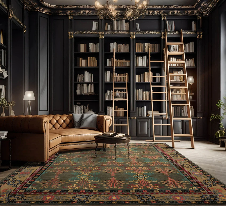 Alfombra de lana acolchada a mano gris/verde Arts & Crafts Donegal Branches 5x8 Foto 1 de 3