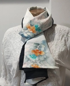 Handmade Japan Kimono Pure Silk Scarf Stole Floral BLACK White 2Way Upcycled - Picture 1 of 5