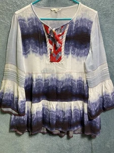 John•Mark Ombre Tie Dye Tiered Shirt Tunic Peasant Tassel Artsy Bell Sleeve M - Picture 1 of 9