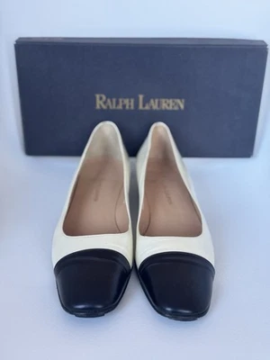 Ralph Lauren De Colección Años 90 Tacón Bajo Bloque Cuero Blanco Perla Negro Puntera España 8.5B Foto 1 de 4