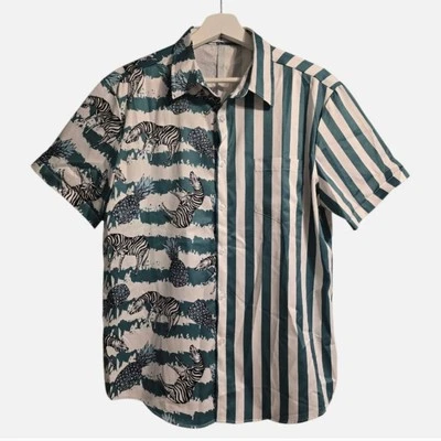 Vatpave Satin Shirt Men's Medium Teal White Short Sleeve Zebra Stripes Hawaiian - Image 1 of 4