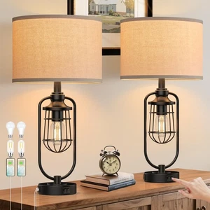 24" Farmhouse Table Lamps for Living Room Set of 2, Black Rustic Lamps for Ni... - Picture 1 of 7