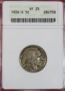1926-S BUFFALO NICKEL ANACS VF25 *OLD SOAPBOX SLAB* - Picture 1 of 4