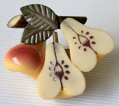 Vintage Designer Marion Weeber Pin Celluloid HandPainted Pears Small Fruit Mini - Image 1 of 4