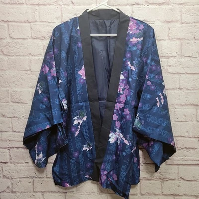 Chaqueta Kimono Japonesa Mujer XL+ Azul Púrpura Floral Diseño Asiático Mangas Cuadradas Foto 1 de 4
